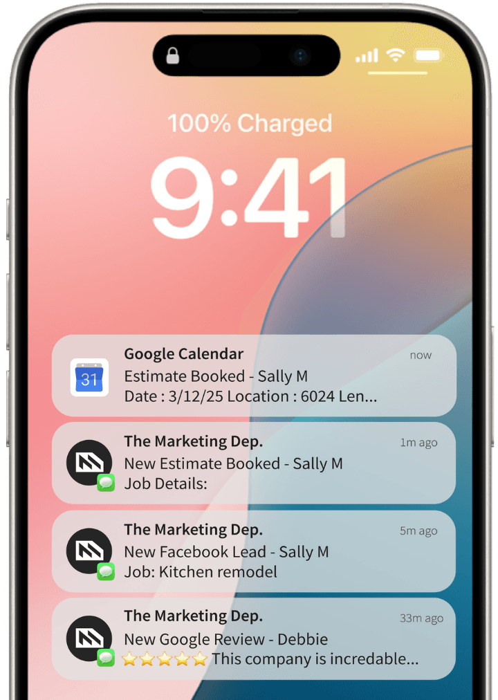 Phone lock screen filling with booked-estimate and new-lead notifications from The Marketing Dept